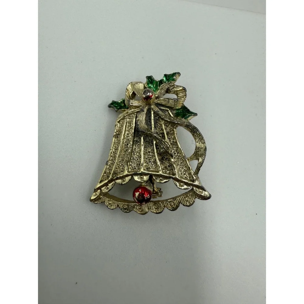 Vintage Gerrys Christmas Bell Brooch Gold Tone Enamel Holly Holiday Pin Signed